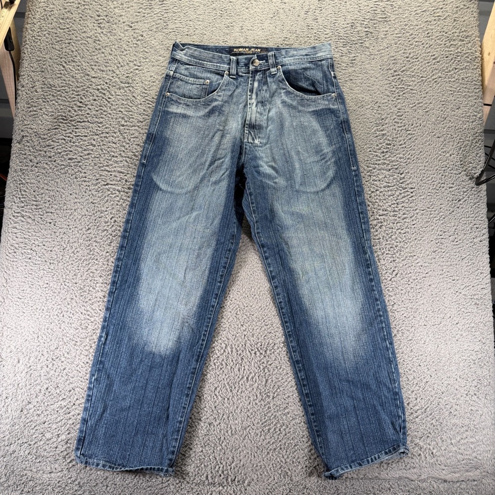 Vintage Koman Jeans Mens 34x32 Blue Cotton Denim Straight Baggy Faded Workwear